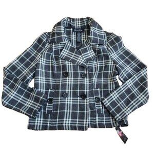 Susie Rose Womens Black & White Plaid Double-Breasted Peacoat Jacket